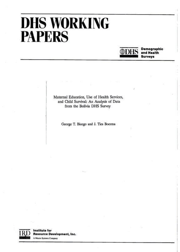 Cover of Maternal Education, Use of Health Services, and Child Survival: An Analysis of Data from the Bolivia DHS Survey (English)